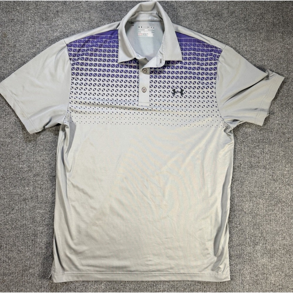 Under Armour Golf Polo Shirt Mens M Gray Heat Gear Loose Gray And  Purple